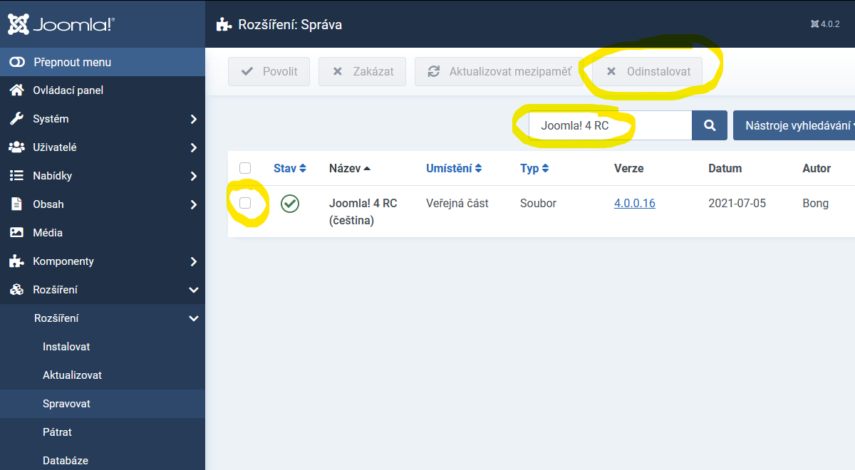 Odinstalace předběžného českého překladu Joomla 4